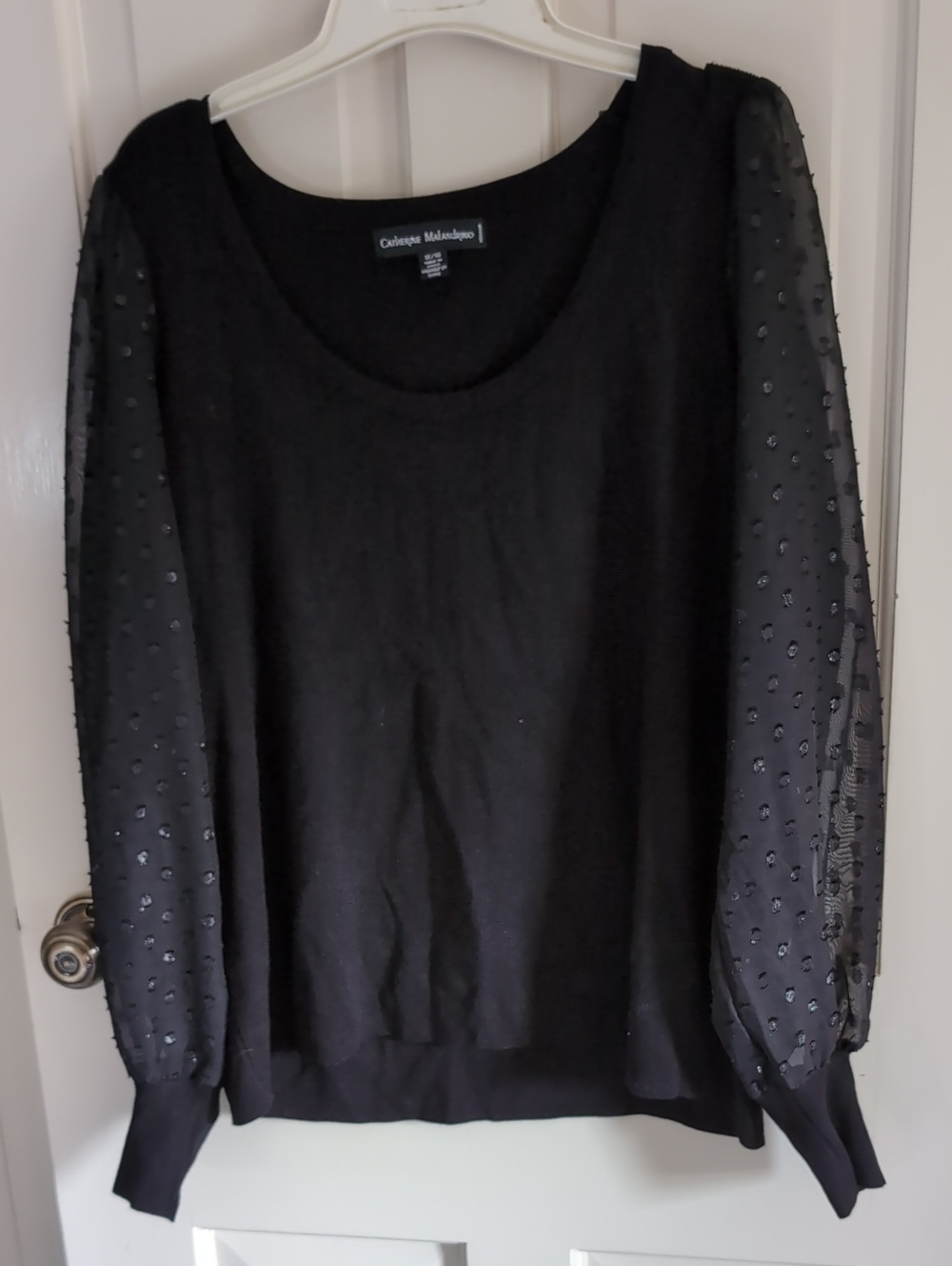 Catherine Malandrino Black Knit Sweater with Sheer Dotted Sleeves